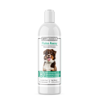 Shampoo bottle labeled 'Flake Away' with a dog