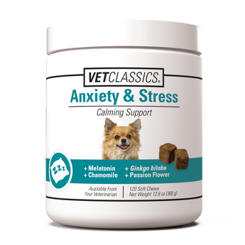 Vet Classics Anxiety & Stress calming support product packaging with a dog on a white background
