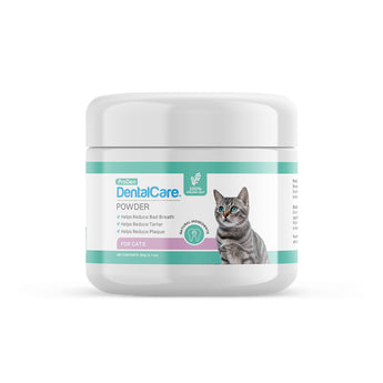 Cat dental care powder jar with a cat on the label against a white background