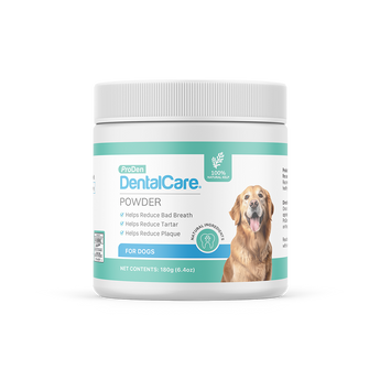Dental care powder for dogs with a label on a white background