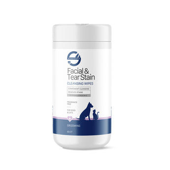 Container of 'Facial & Tear Stain Cleansing Wipes' for dogs