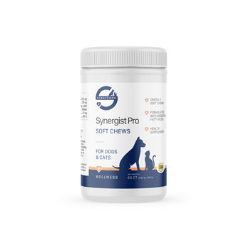 Supplement container labeled 'Synergist Pro Soft Chews' for dogs and cats on a white background