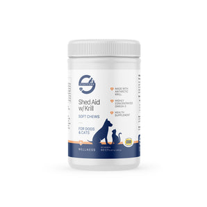 Supplement container labeled 'Shed Aid w/Krill' for dogs