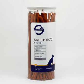 sweet potato sticks for dogs with a label