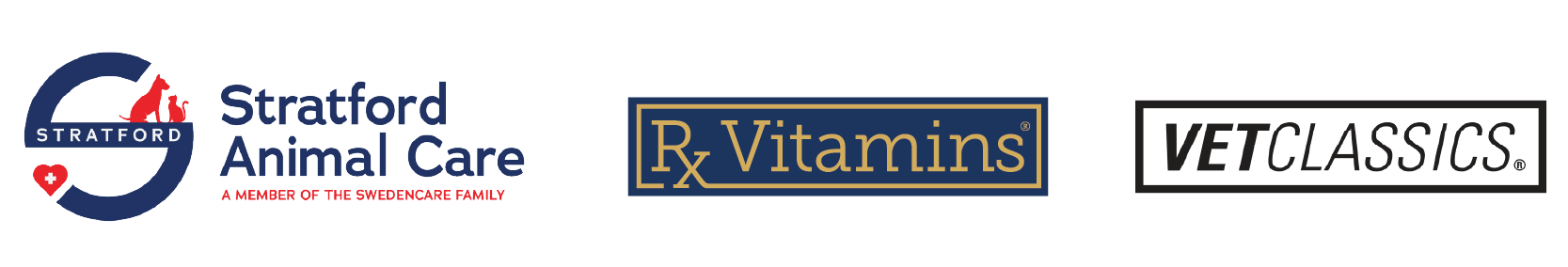 Logos of Stratford Animal Care, Rx Vitamins, and Vet Classics