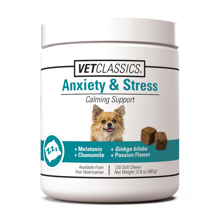 Vet Classics Anxiety & Stress calming support product packaging with a dog on a white background