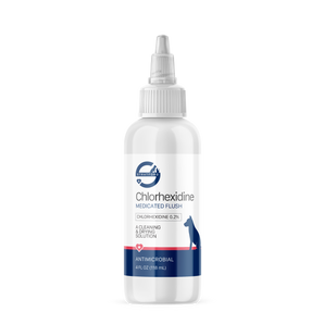 Bottle of chlorhexidine medicated flush solution 