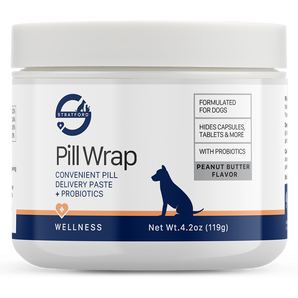 Jar of Pill Wrap for dogs with a white label and blue accents.
