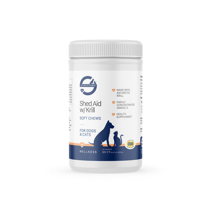 Supplement container labeled 'Shed Aid w/Krill' for dogs